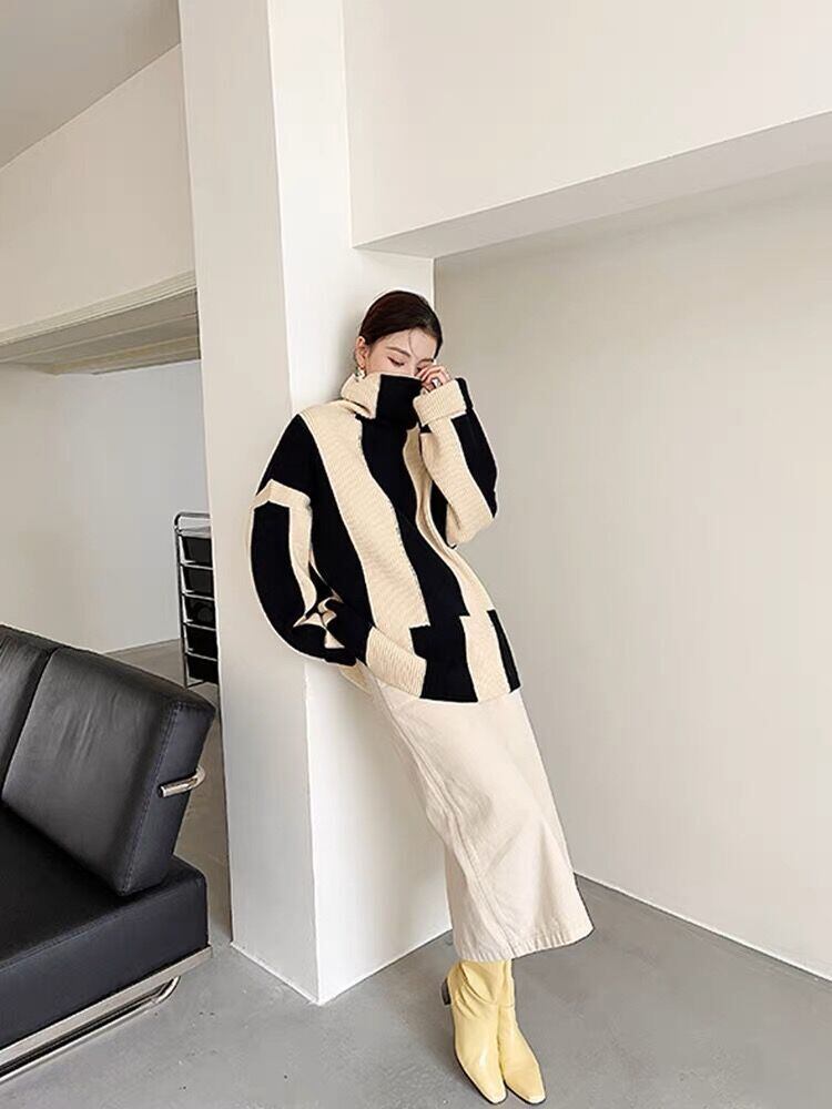 【tops】ハイネック切り替えニットセーター　M18412