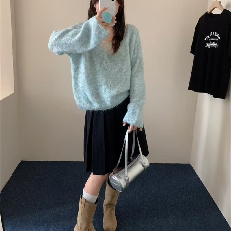 【tops】フェイクレイヤードニットトップス Q7072