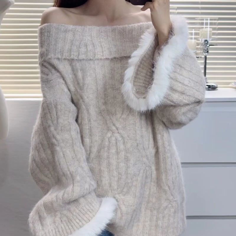 【tops】オフショルダーニットトップス Q7164