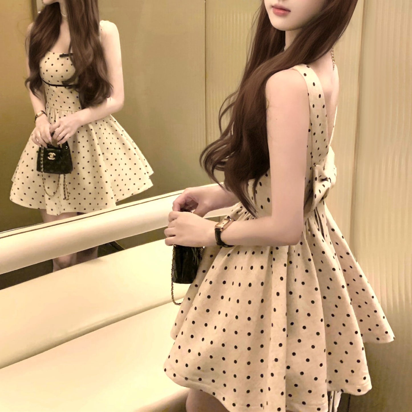 【dress】バックリボンドット柄ミニワンピース　M30198