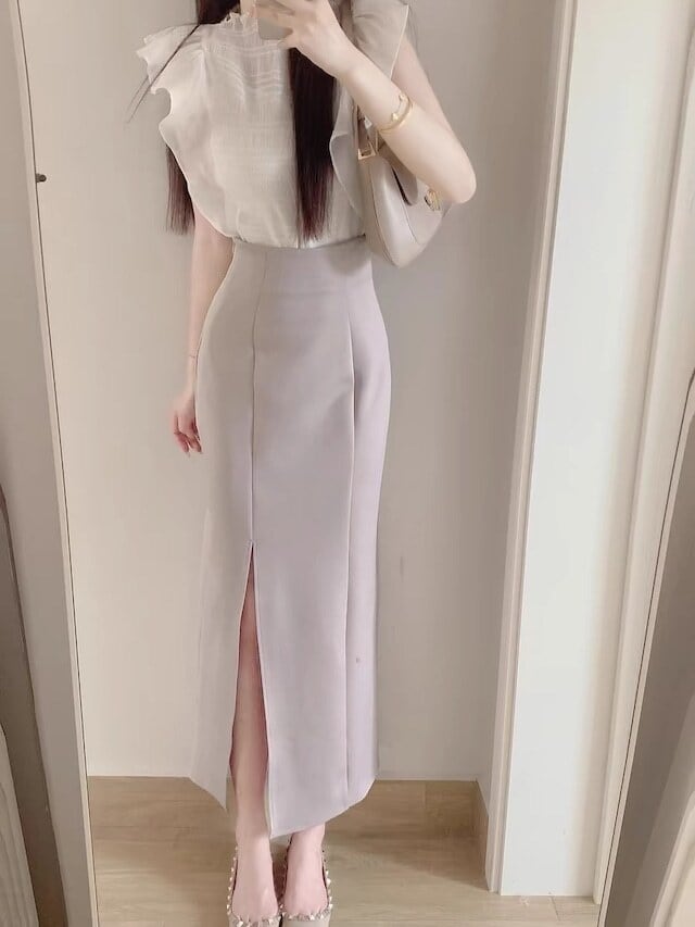 【set】フレンチスリーブトップス+スリットスカートセットF7163