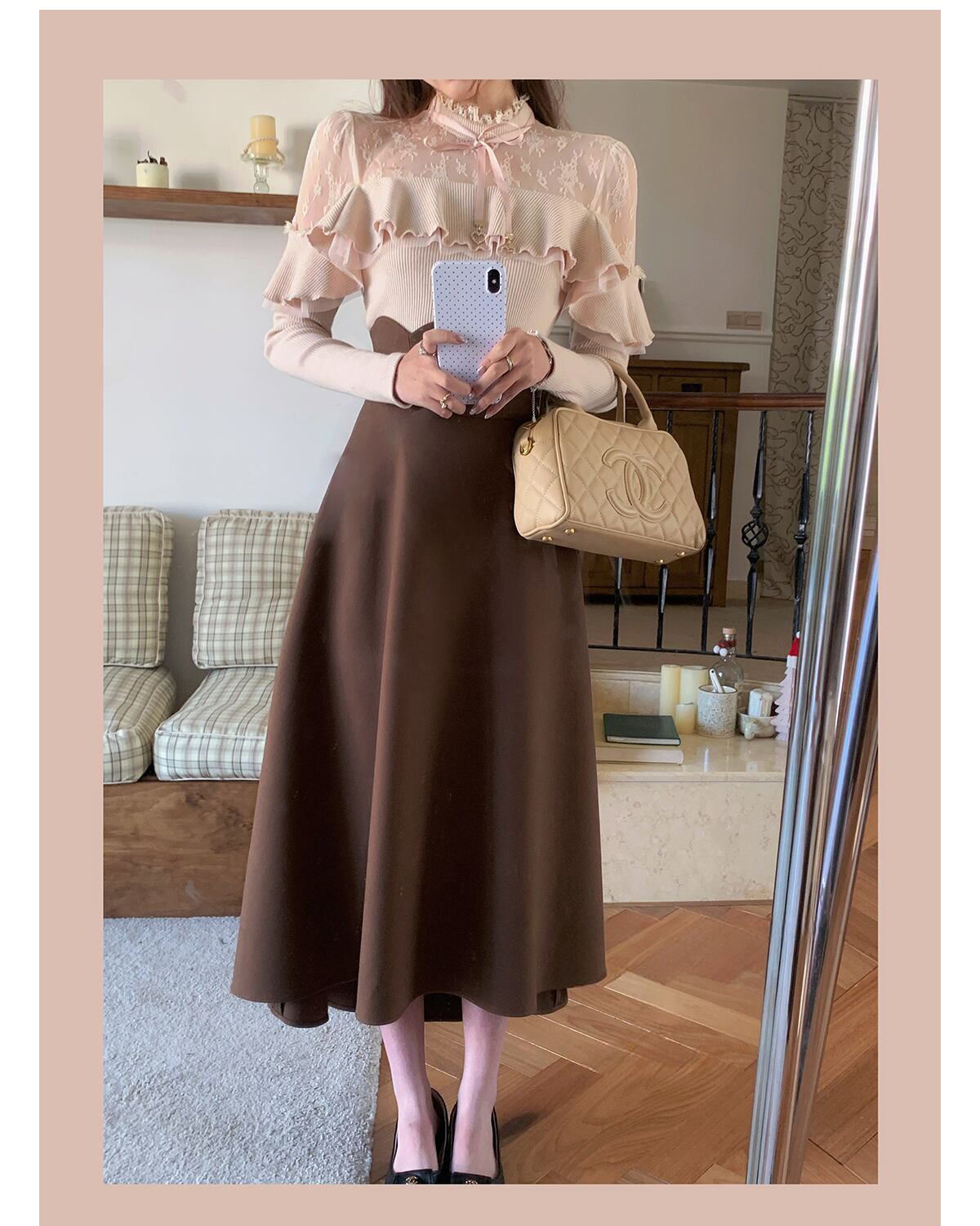 【set】レースフリルニットトップス×ロングスカートセット N3477