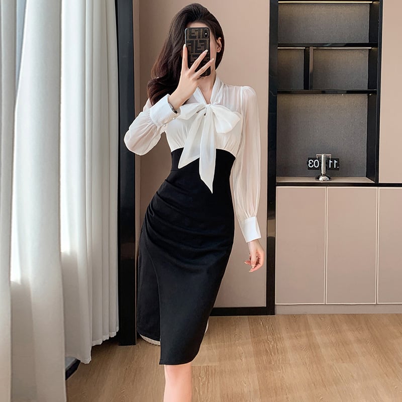 【dress】長袖偽二つ切り替えリボンワンピース G17925