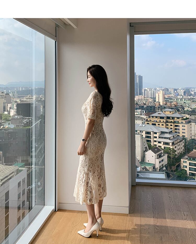 【dress】韓国ファッションVネック半袖レース体型カバー気質淑女マーメイドワンピースF0293