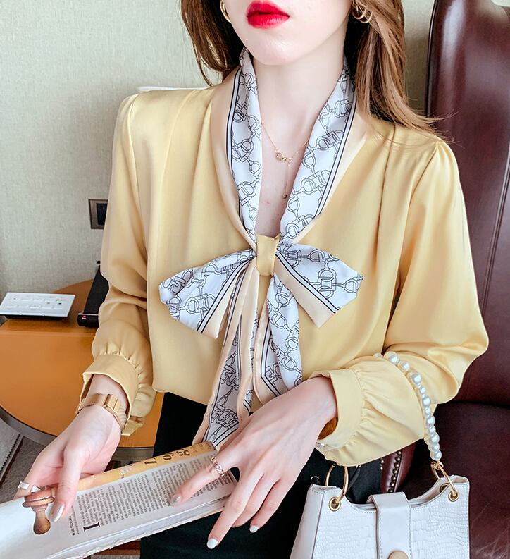 【tops】タイカラー長袖プリント配色ファッションゆったり着回しブラウスF0601