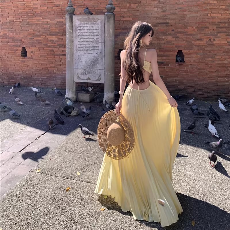 【dress】ホルターネックバックオーポンロングプリーツワンピース Q8371