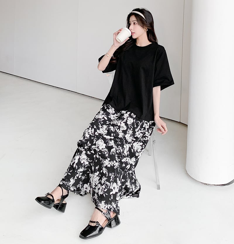 【dress】偽二つ切り替え花柄TシャツワンピースG20456