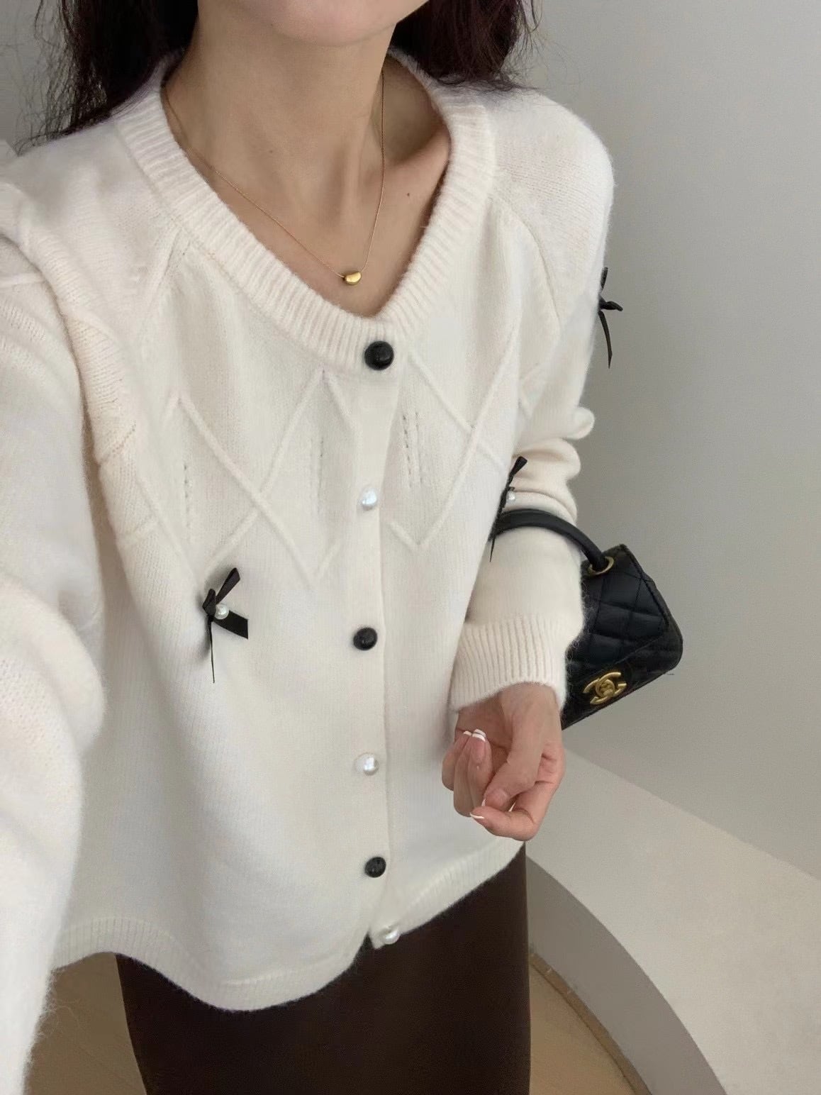 【outer】リボン付きニットカーデ　M25924