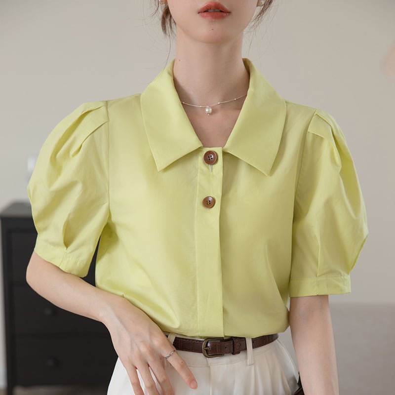 【tops】POLOネックパフスリーブブラウスG21078