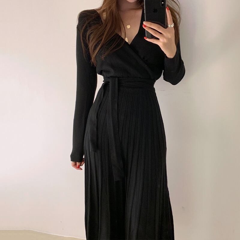 【dress】エレガント早い者勝ち 気質満点レトロ着痩せVネックニットワンピース G1759