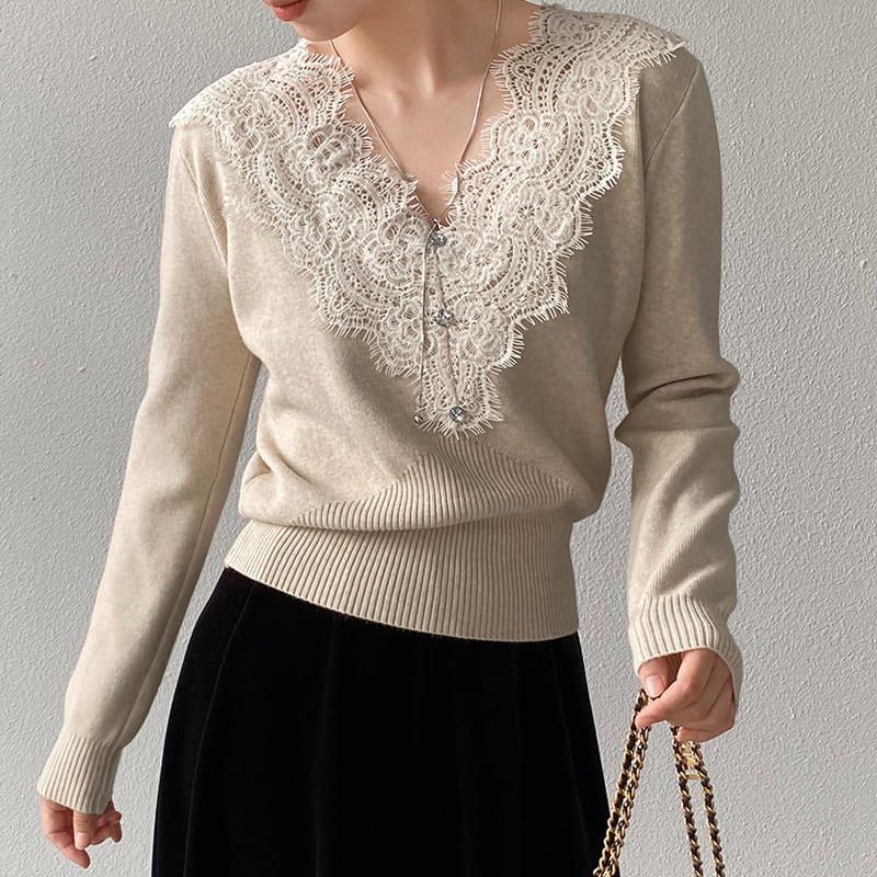 【tops】Vネックレースドッキングニットトップス Q7241