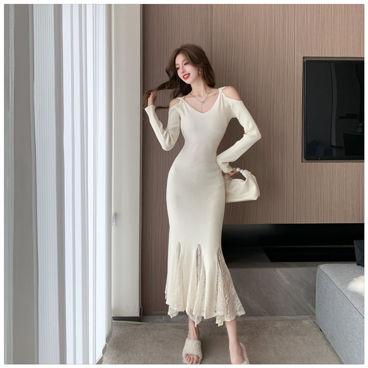 【dress】レースドッキングニットワンピース　M28023