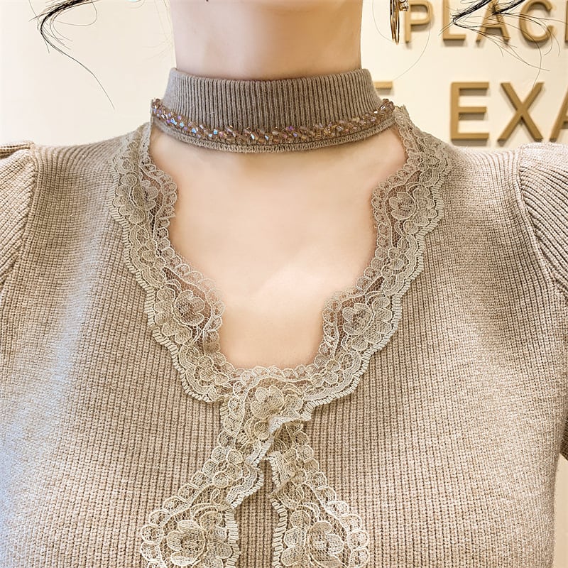 【tops】ビジューレース切り替えニットトップス　M27732