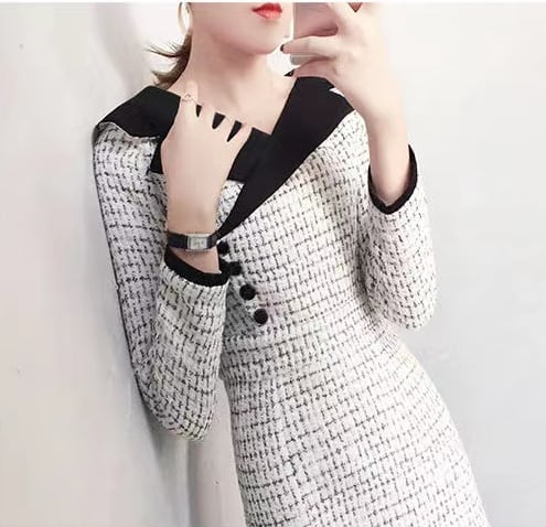 【dress】気質溢れる♪韓国風ラペル長袖スリットチェック柄体型カバー配色タイトフォーマルワンピースF1407