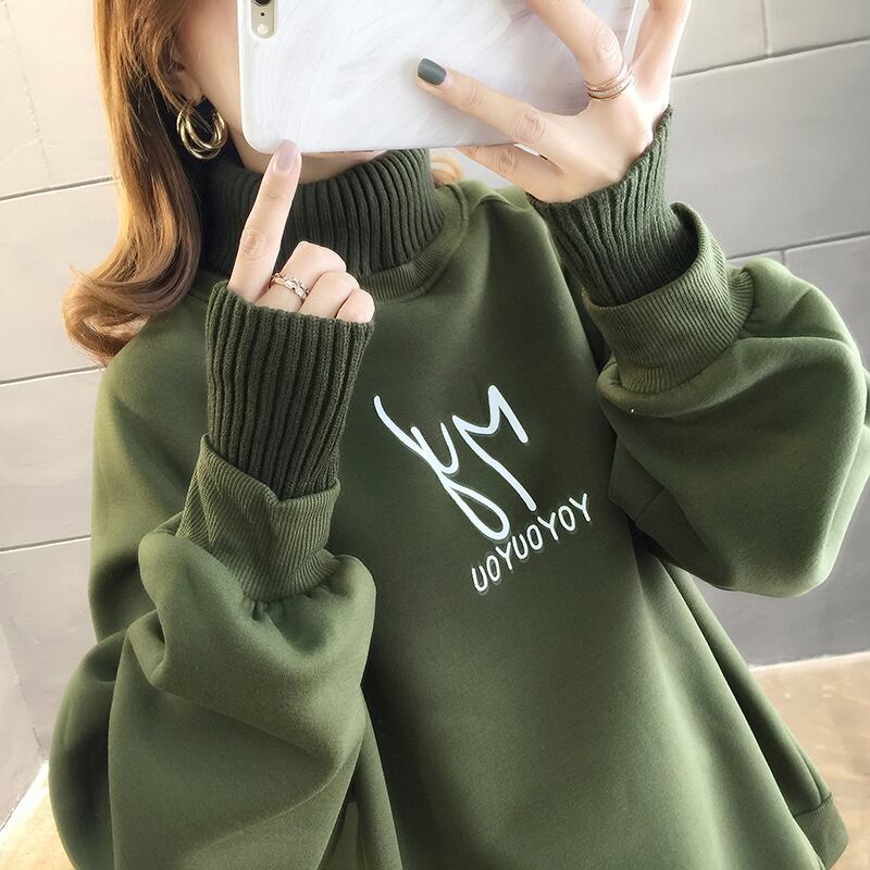 【tops】店長推薦秋冬新作2色ハイネック長袖英字柄配色ゆったり切り替え着回しパーカーF0904