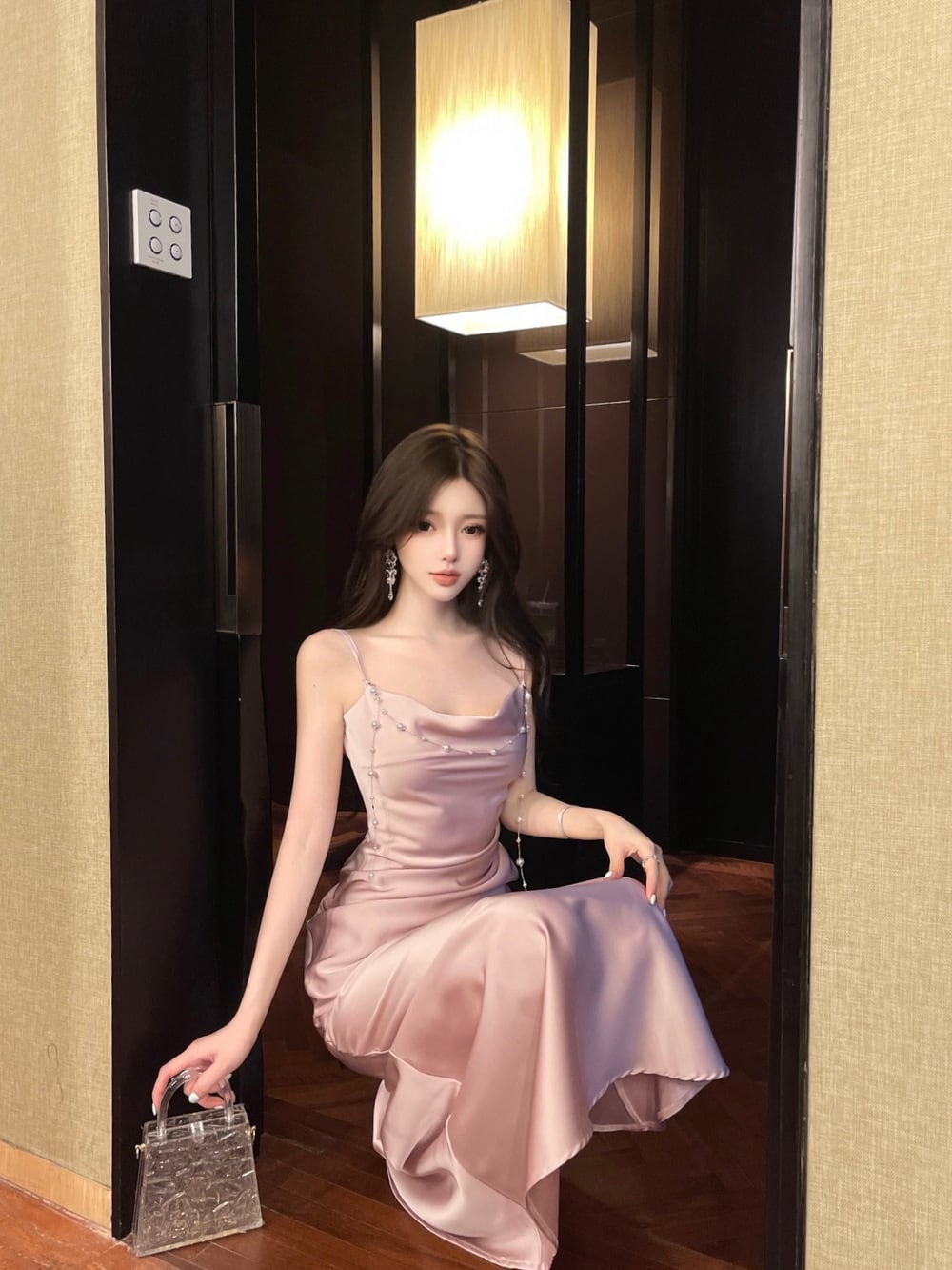 【dress】パール付きロングキャミワンピース Q7994