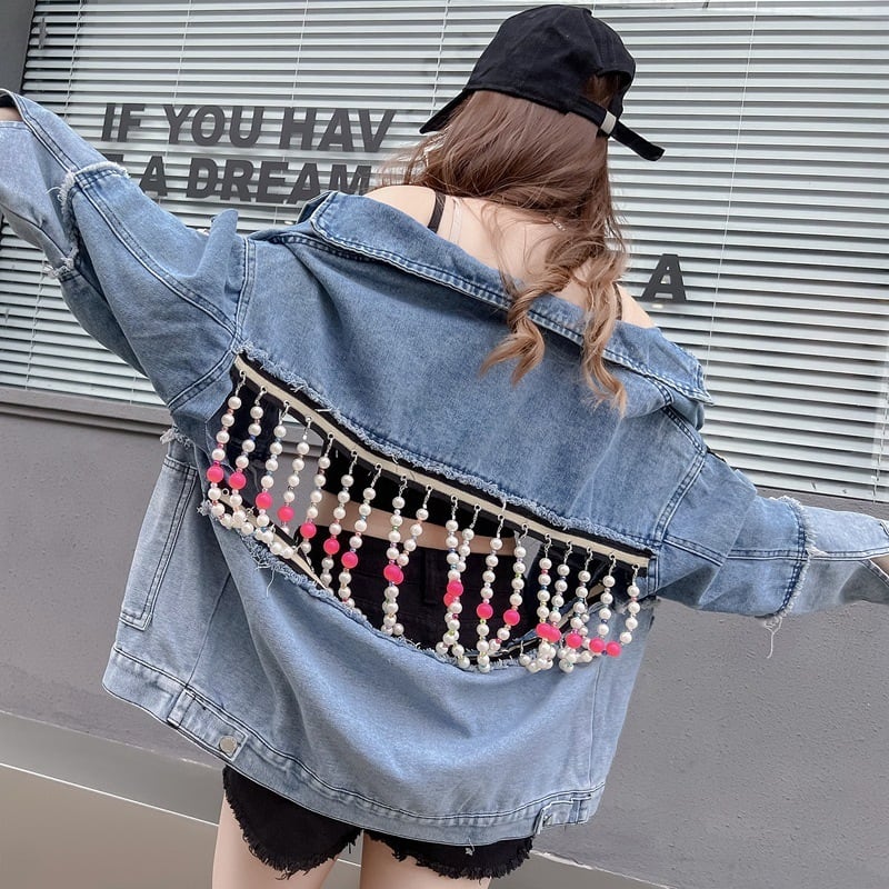 【outer】パールチェーンデニムジャケット　N2190