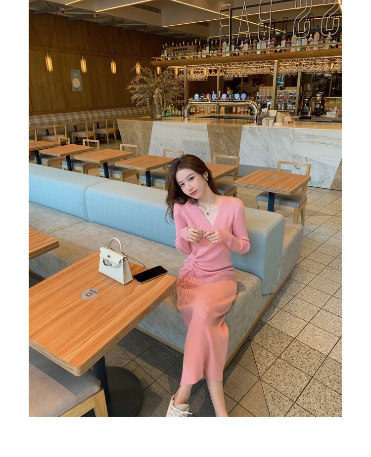 【dress】好感度UP!気質満点デザインフランス風シンプルVネックニットワンピース G2822