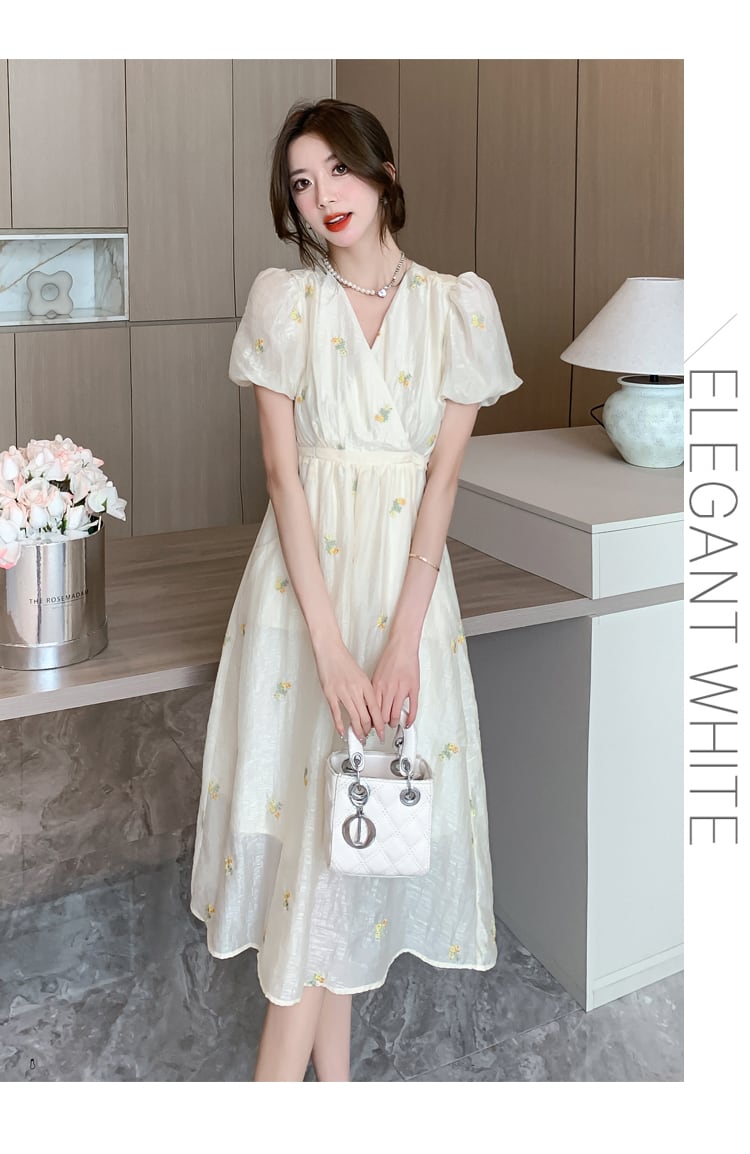 【dress】Vネック花柄パフスリーブワンピース G21582