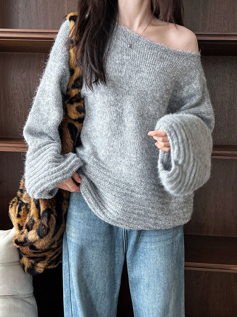 【tops】オフショルダーバルーンスリーブニットトップス　N2911