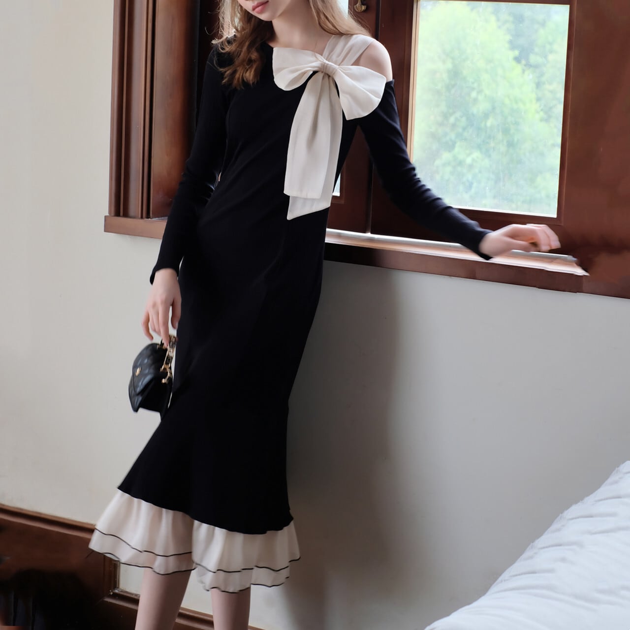 【dress】リボンメッシュ切替ワンピースF8303