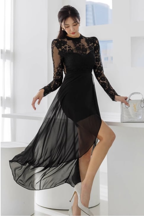 【dress】スタンドネックレース切り替えメッシュワンピース G21492