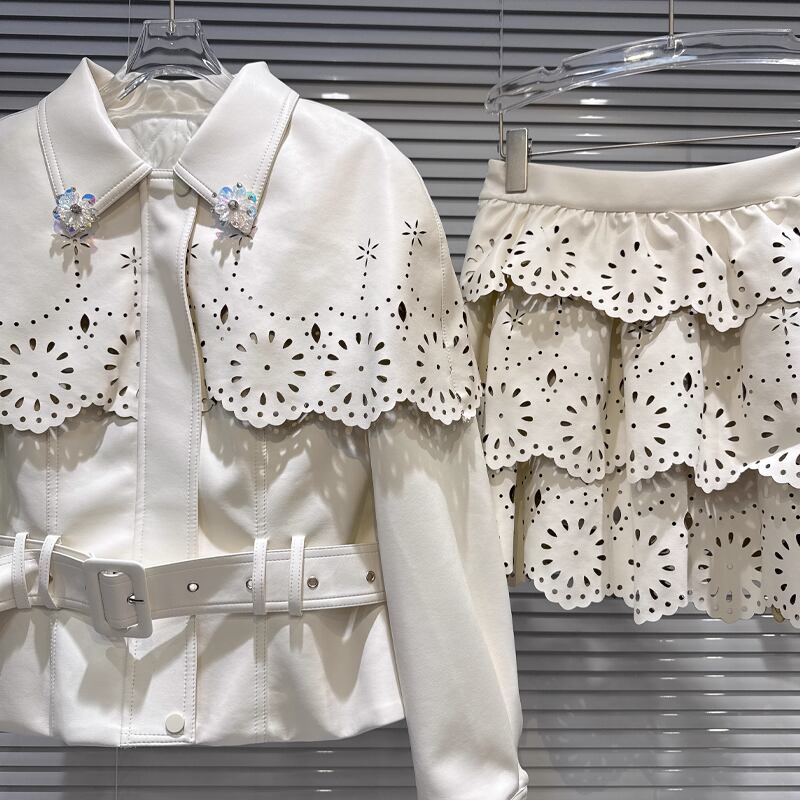【set】カットワークレースジャケット×ティアードスカートセット Q7329