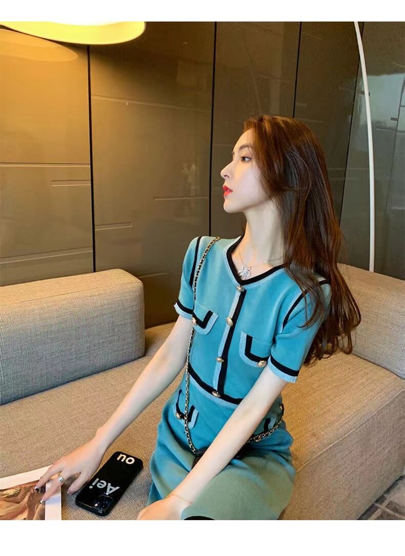 【dress】一目惚れ！2022夏新作韓国ファッションラウンドネック半袖配色薄手ニットセレブワンピースF2446