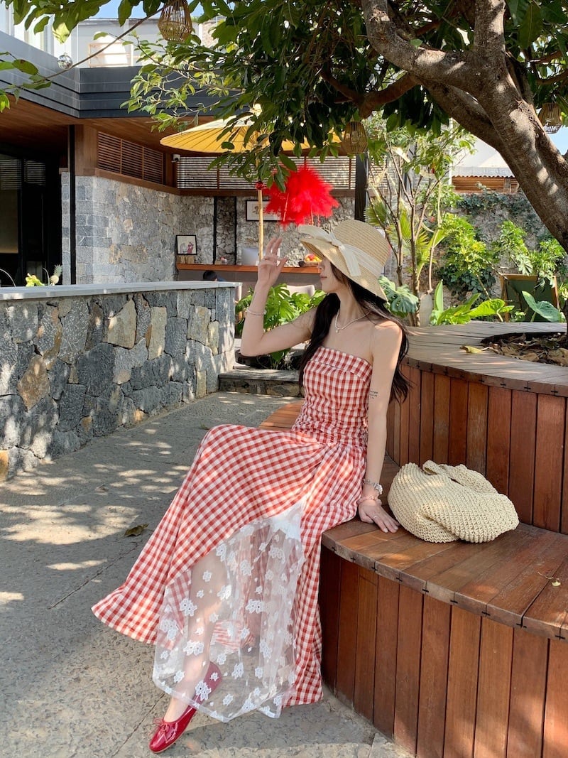 【dress】レースドッキングチェック柄ワンピース　M29795