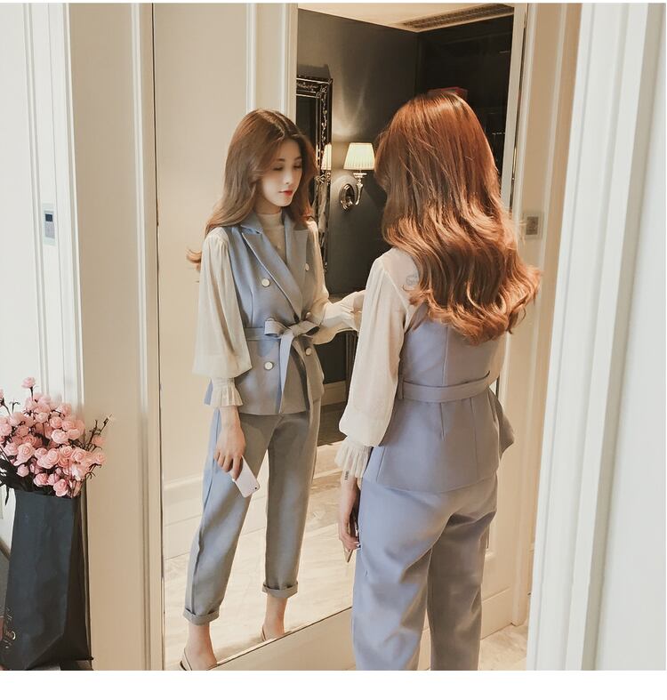 【set】美人度アップ!韓国系スウィート洋気ベスト+シャツ+パンツセットアップ G2087