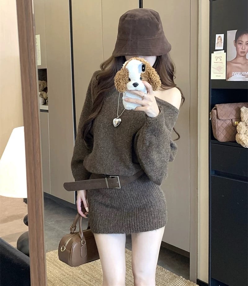 【dress】オフショルニットミニワンピース　N3359