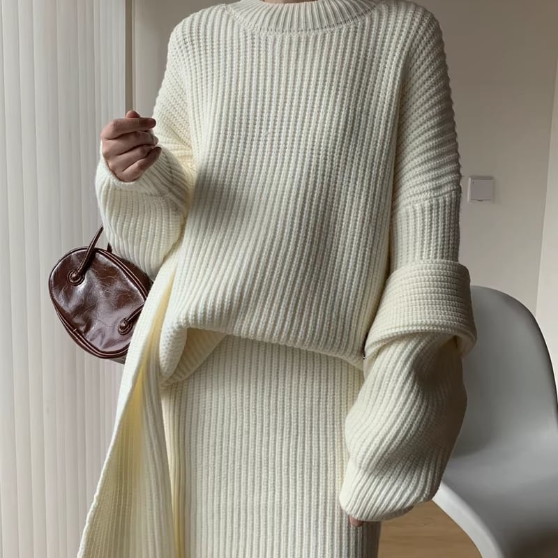 【set】2色展開マフラー×ニットトップス×ストレートスカート3点セット Q7721