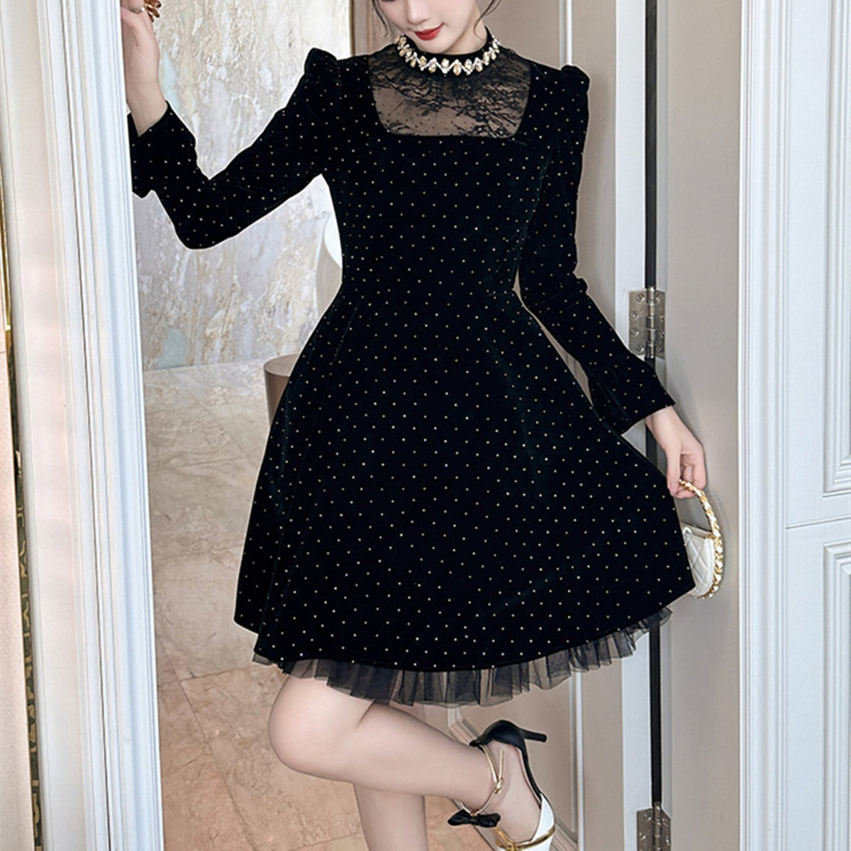 【dress】レースドッキングラインストーンベロアワンピース　N3420