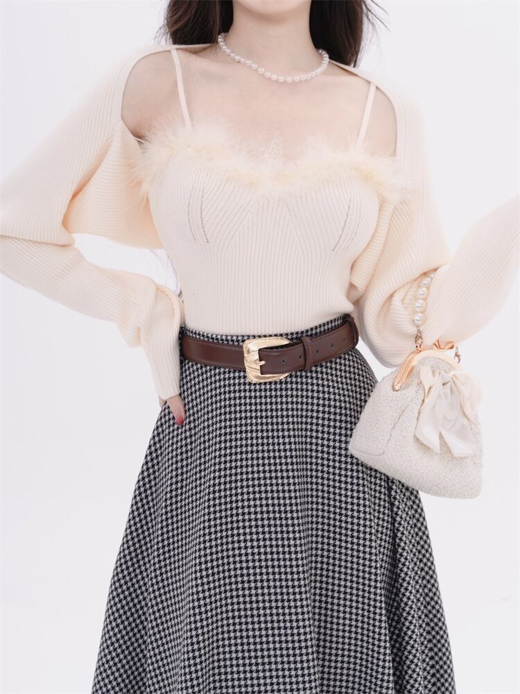 【tops】フェイクファーキャミソール×カーディガンセット　N2128