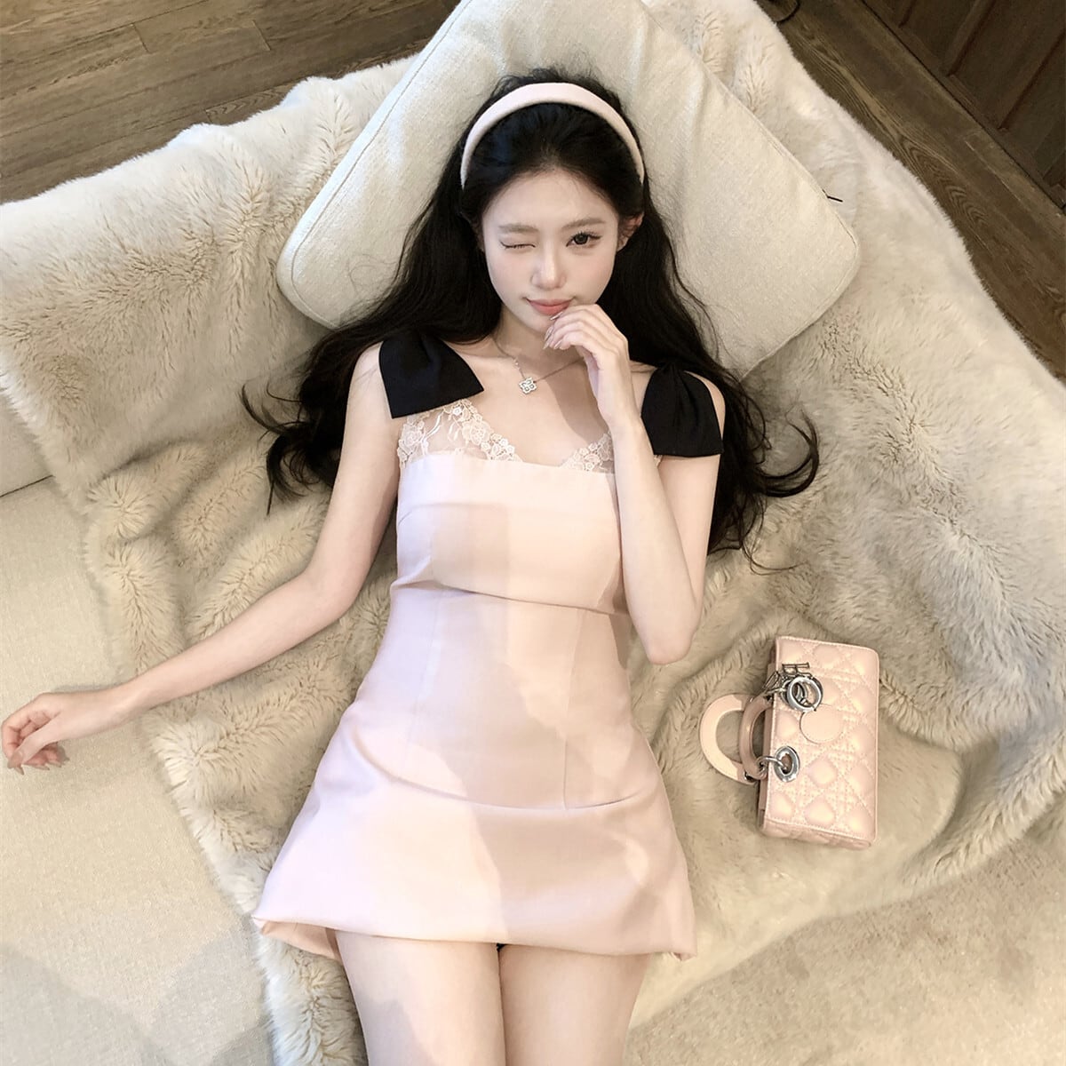 【dress】ショルダーリボンレースミニワンピース　N3129