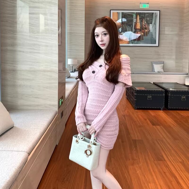 【dress】オフショルダーニットワンピース Q7816