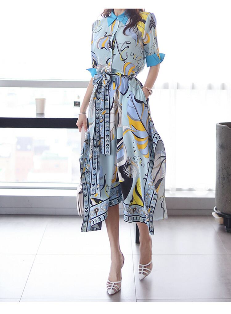 【dress】韓国風気質満点ファッション折り襟不規則 プリントワンピース G0398