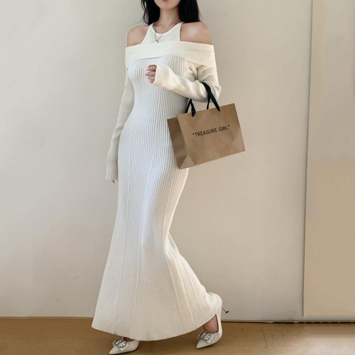 【dress】オフショルダーマーメイドニットワンピース　N2767