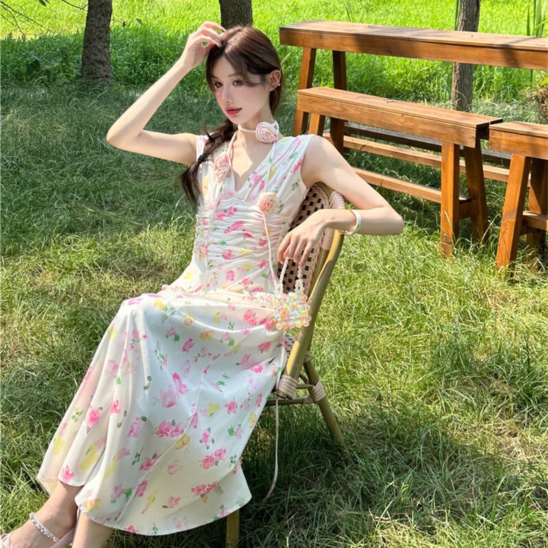 【dress】Vネックプリントワンピース　M24584