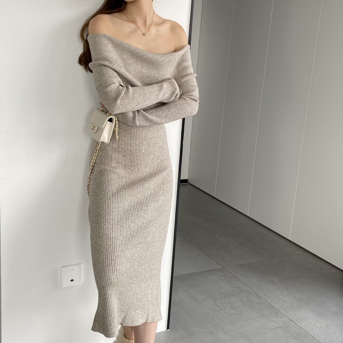 【dress】ボートネックニットワンピース　M18734