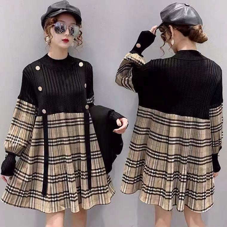 【dress】長袖切り替えチェック柄ワンピースF8136