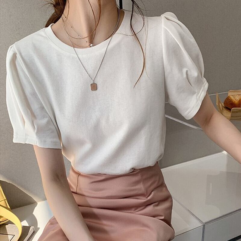 【tops】選べる4色！ラウンドネックパフスリーブ半袖無地ファッションTシャツF0057