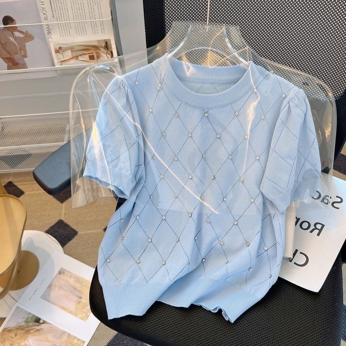 【tops】2色ラインストーンニットＴシャツF7308