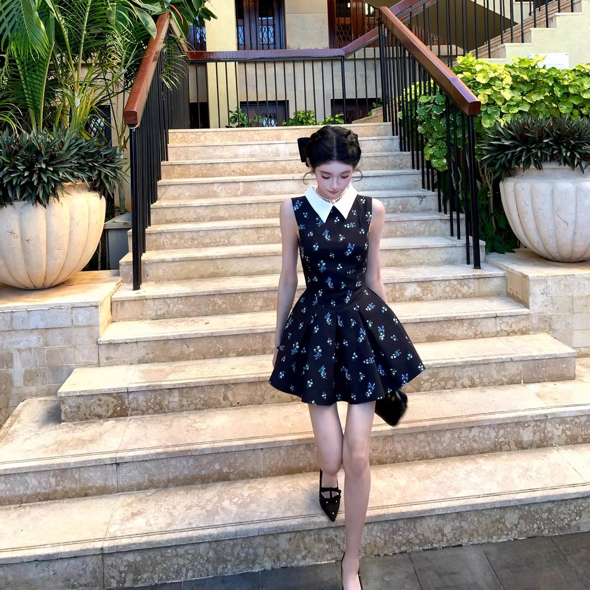 【dress】ノースリーブ花柄フレアミニワンピース Q8413