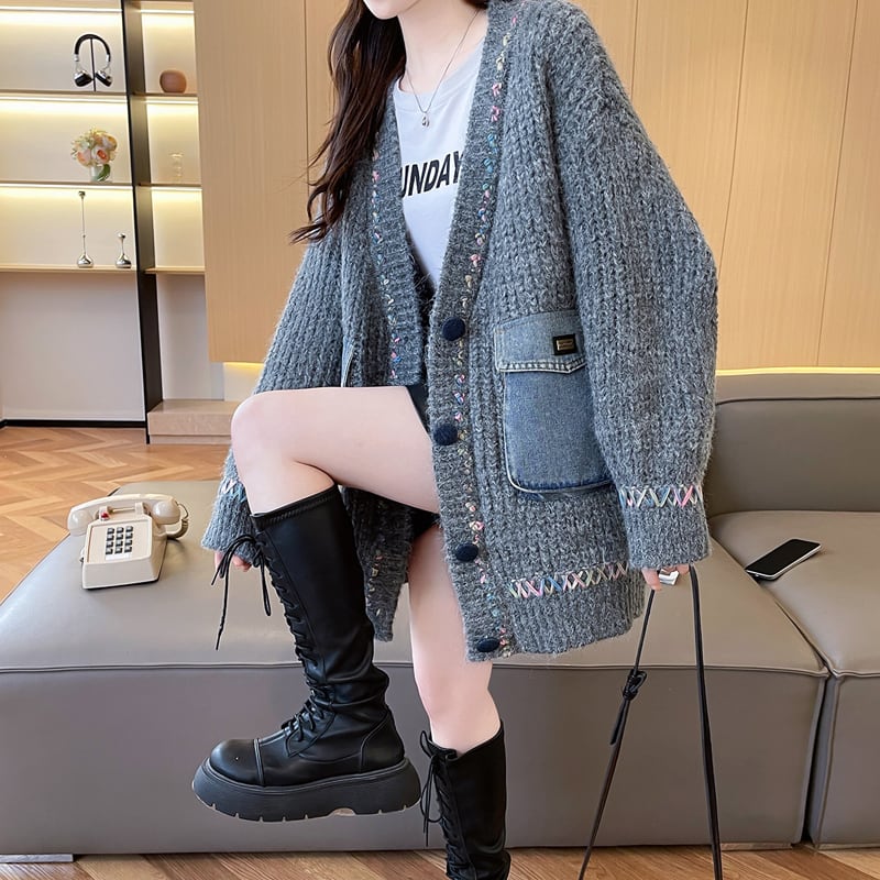 【outer】デニムドッキングニットカーディガン Q7187