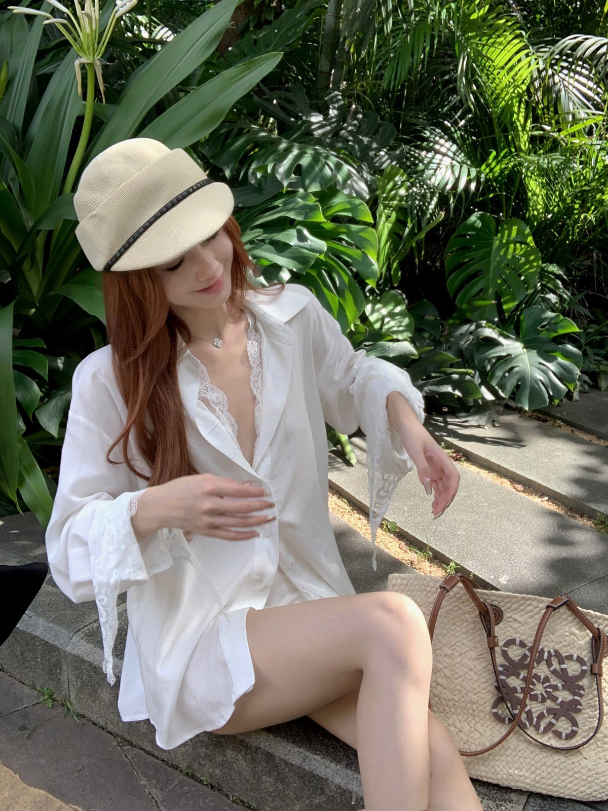 【tops】UVカットレース切り替えシャツ　N2684