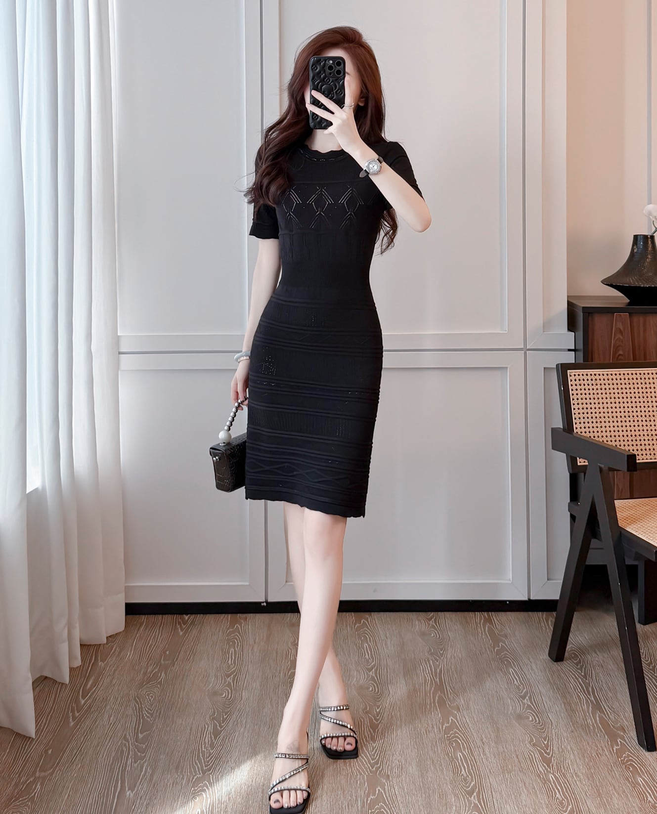 【dress】半袖透かし編みニットワンピース Q8492