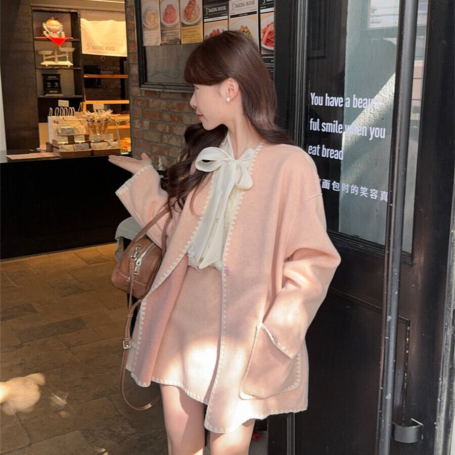 【set】シャツトップス×Vネックコート×スカートセット　M27616