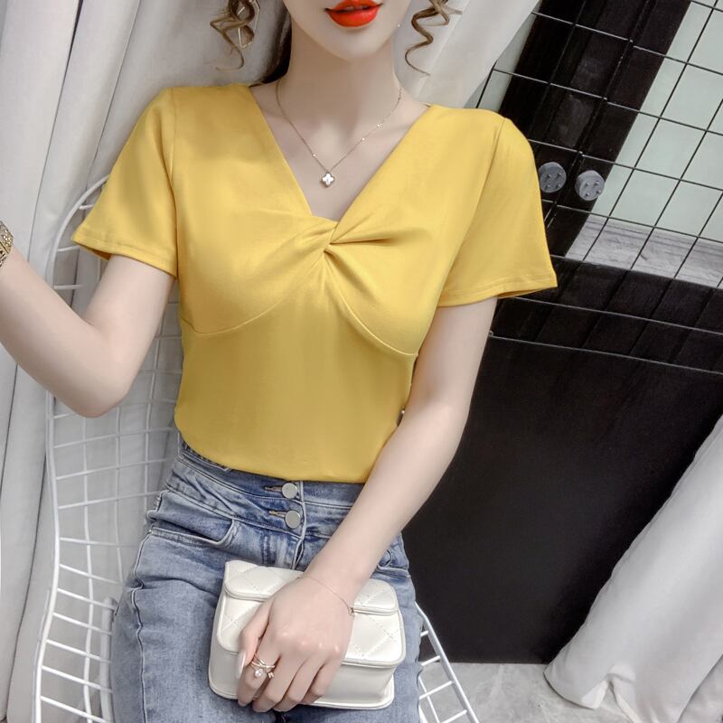 【tops】2色Vネック半袖ファッション無地着回しブラウスF0154