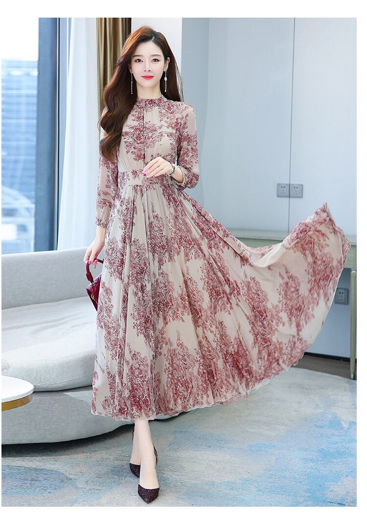 【dress】今季トレンド7分袖ウェスト絞りギャザー海旅行花柄配色大振り子シフォンロング丈ワンピースF1732